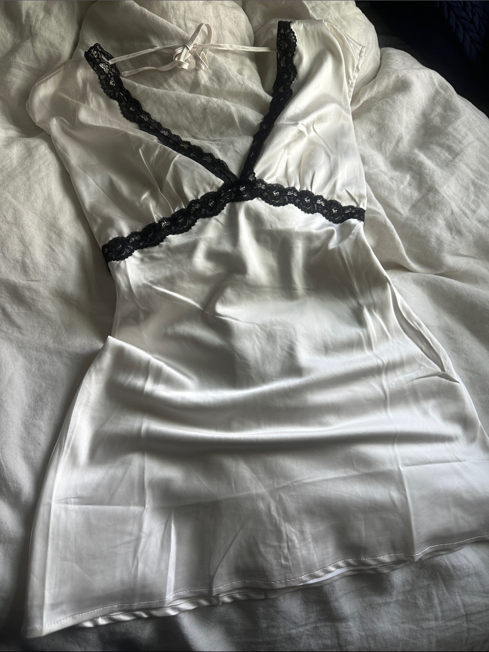 Satin White Chemise with Black Lace Trim